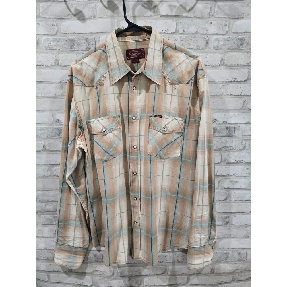 Marlboro Classics Western White Pearl Snaps Tan‎ Check Plaid Size XL